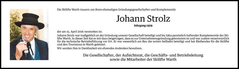  Todesanzeige für Johann Strolz vom 18.04.2016 aus Vorarlberger Nachrichten