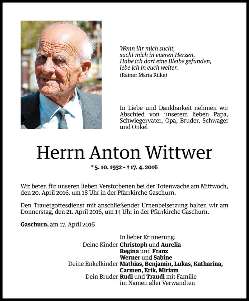  Todesanzeige für Anton Wittwer vom 18.04.2016 aus Vorarlberger Nachrichten
