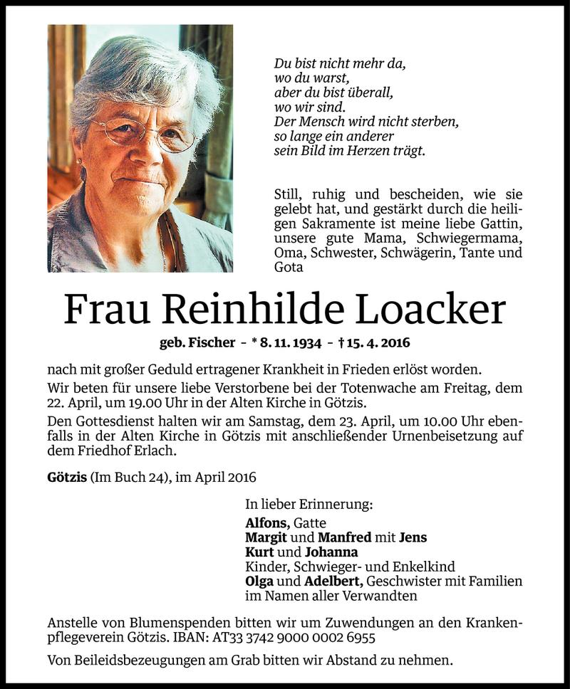  Todesanzeige für Reinhilde Loacker vom 20.04.2016 aus Vorarlberger Nachrichten