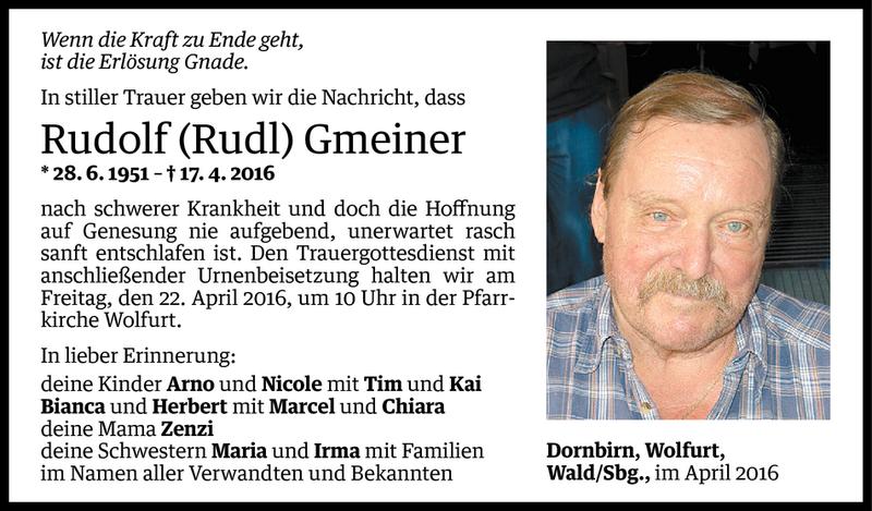  Todesanzeige für Rudolf Gmeiner vom 19.04.2016 aus Vorarlberger Nachrichten