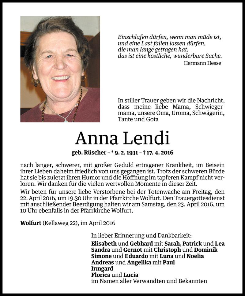  Todesanzeige für Anna Lendi vom 19.04.2016 aus Vorarlberger Nachrichten