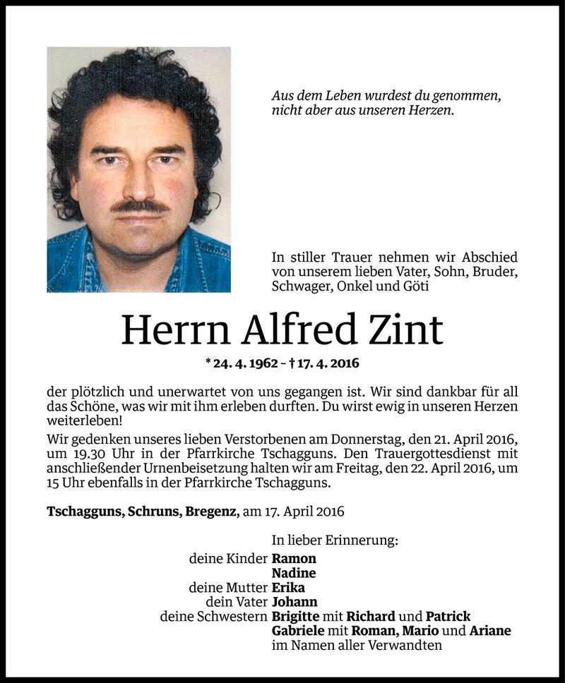  Todesanzeige für Alfred Zint vom 19.04.2016 aus Vorarlberger Nachrichten