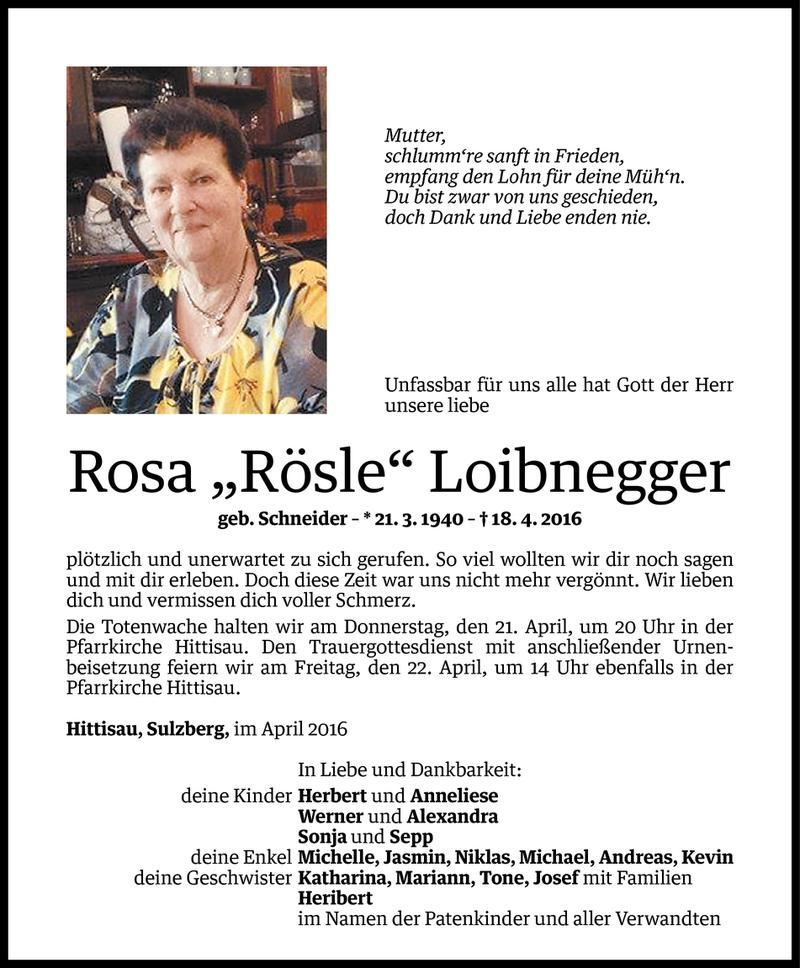 Todesanzeige für Rosa Loibnegger vom 19.04.2016 aus Vorarlberger Nachrichten