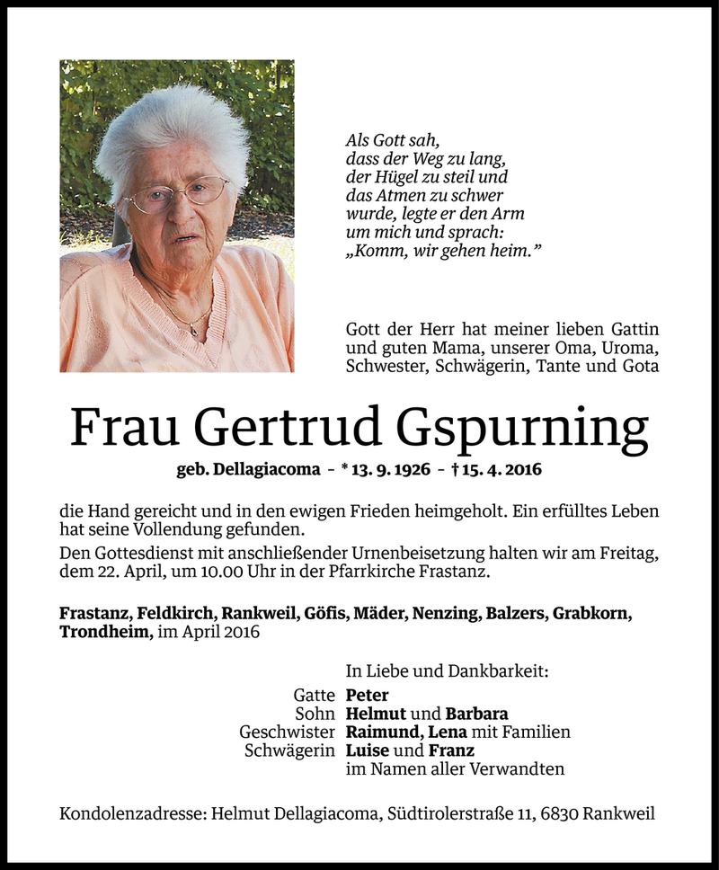  Todesanzeige für Gertrud Gspurning vom 20.04.2016 aus Vorarlberger Nachrichten