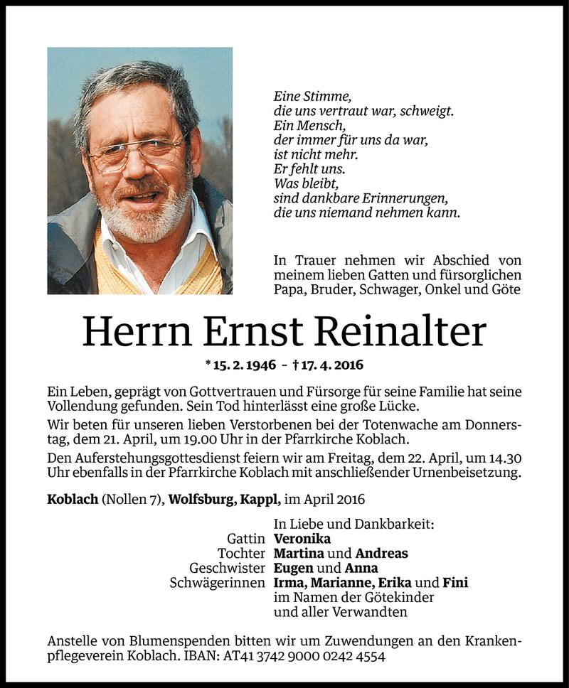  Todesanzeige für Ernst Reinalter vom 20.04.2016 aus Vorarlberger Nachrichten