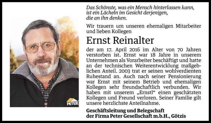  Todesanzeige für Ernst Reinalter vom 19.04.2016 aus Vorarlberger Nachrichten
