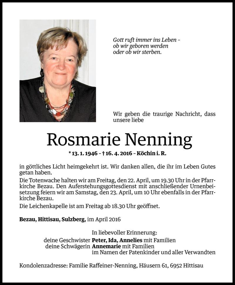  Todesanzeige für Rosmarie Nenning vom 20.04.2016 aus Vorarlberger Nachrichten