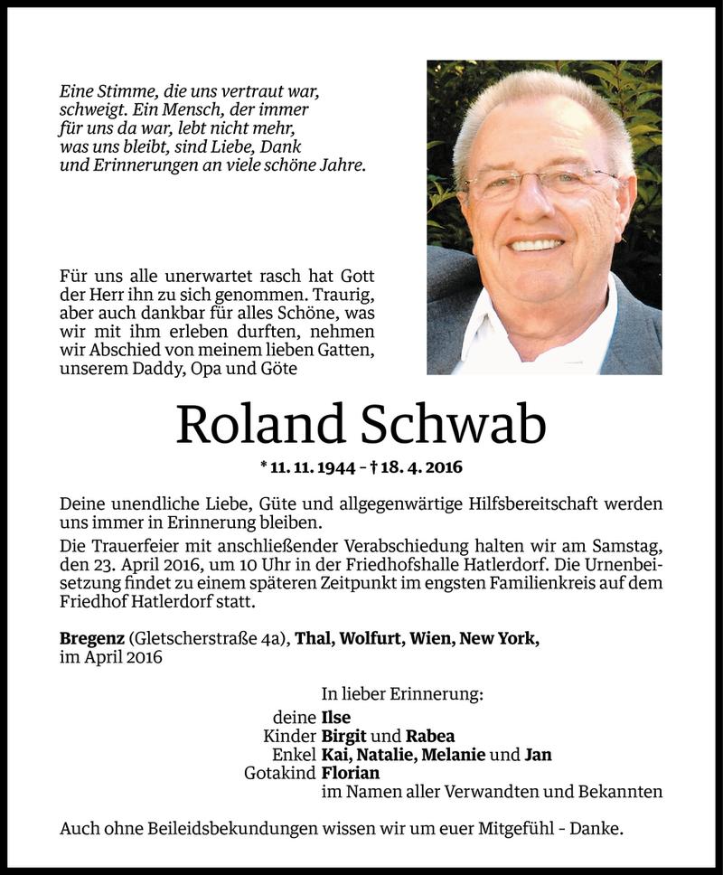  Todesanzeige für Roland Schwab vom 20.04.2016 aus Vorarlberger Nachrichten
