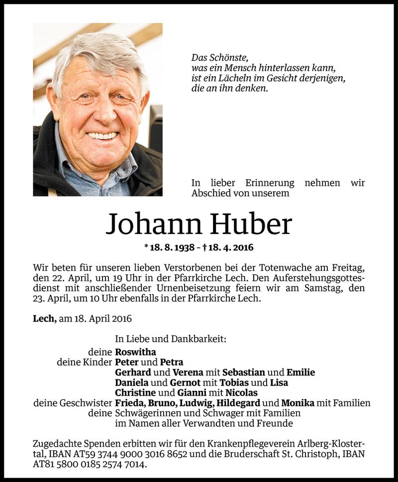  Todesanzeige für Johann Huber vom 20.04.2016 aus Vorarlberger Nachrichten