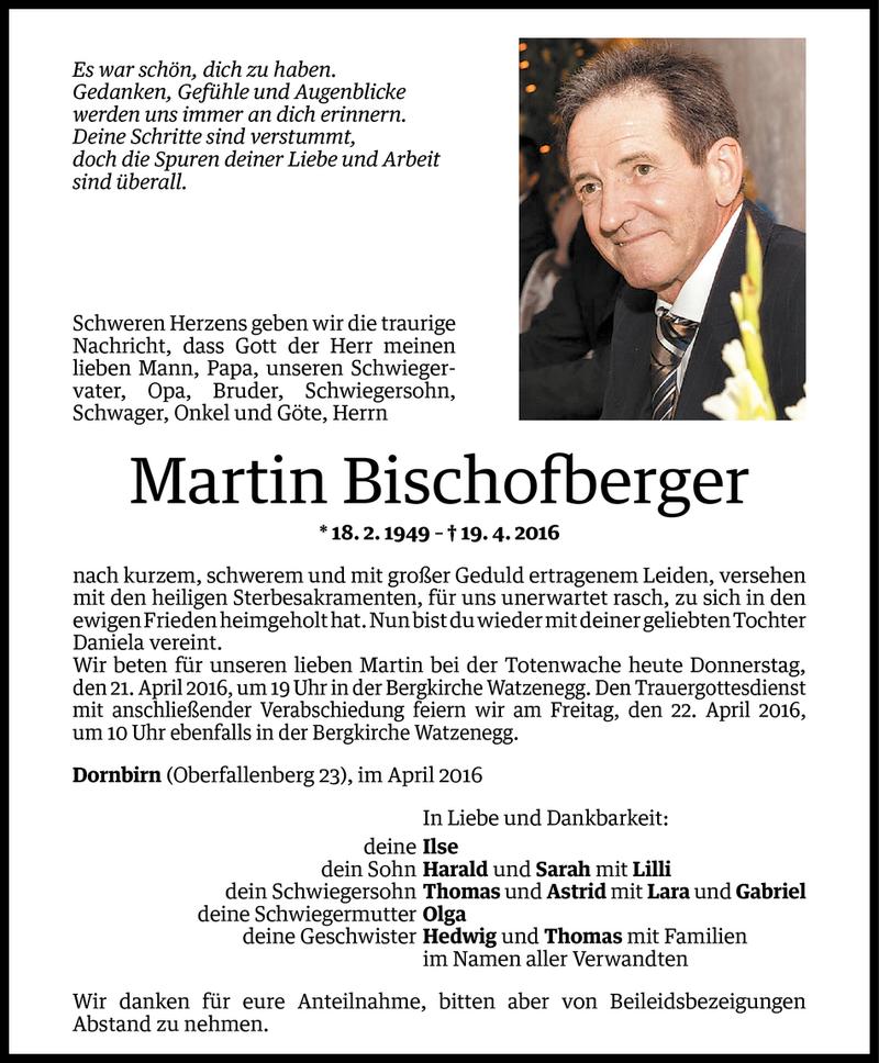 Todesanzeige für Martin Bischofberger vom 20.04.2016 aus Vorarlberger Nachrichten
