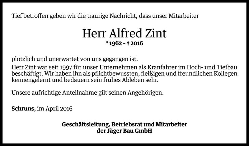  Todesanzeige für Alfred Zint vom 20.04.2016 aus Vorarlberger Nachrichten