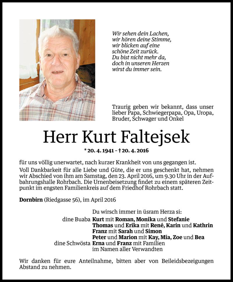  Todesanzeige für Kurt Faltejsek vom 20.04.2016 aus Vorarlberger Nachrichten
