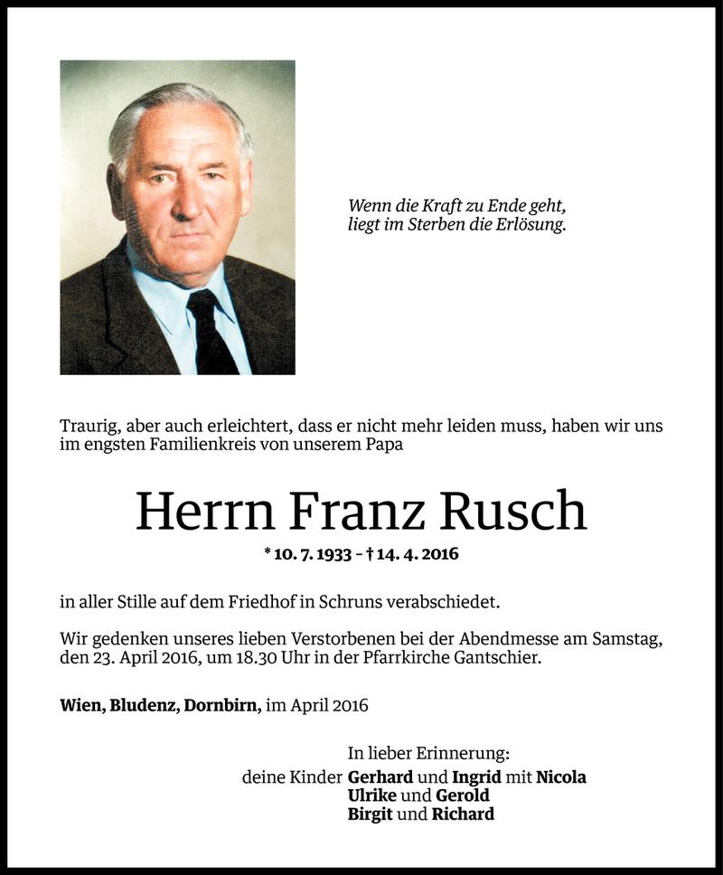  Todesanzeige für Franz Rusch vom 22.04.2016 aus Vorarlberger Nachrichten