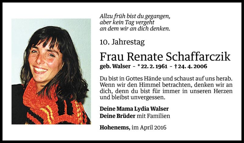  Todesanzeige für Renate Schaffarczik vom 23.04.2016 aus Vorarlberger Nachrichten
