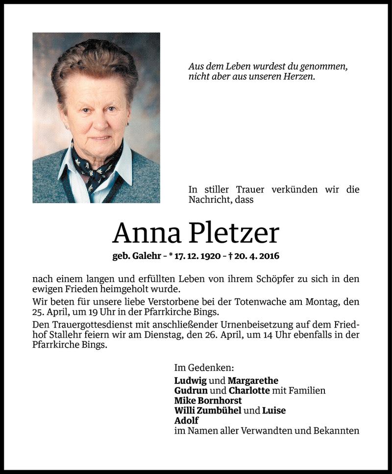  Todesanzeige für Anna Pletzer vom 22.04.2016 aus Vorarlberger Nachrichten