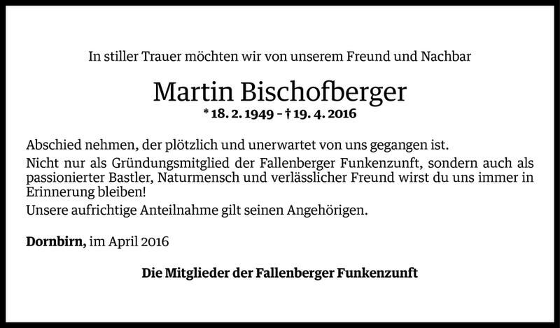  Todesanzeige für Martin Bischofberger vom 21.04.2016 aus Vorarlberger Nachrichten