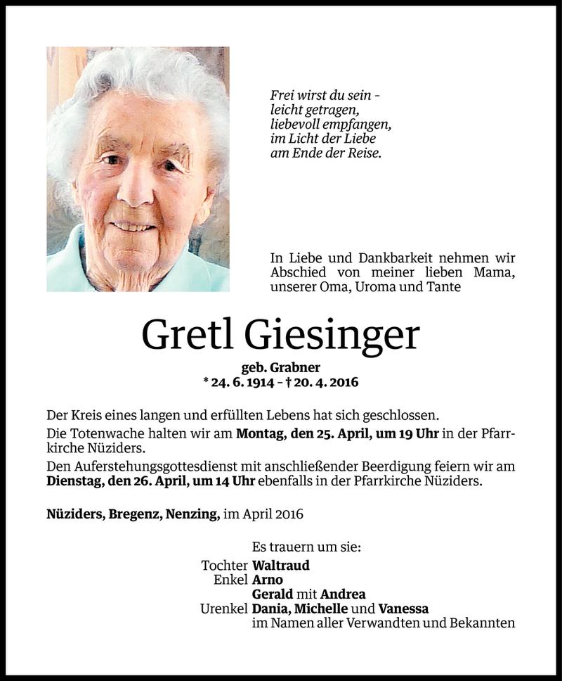  Todesanzeige für Gretl Giesinger vom 23.04.2016 aus Vorarlberger Nachrichten
