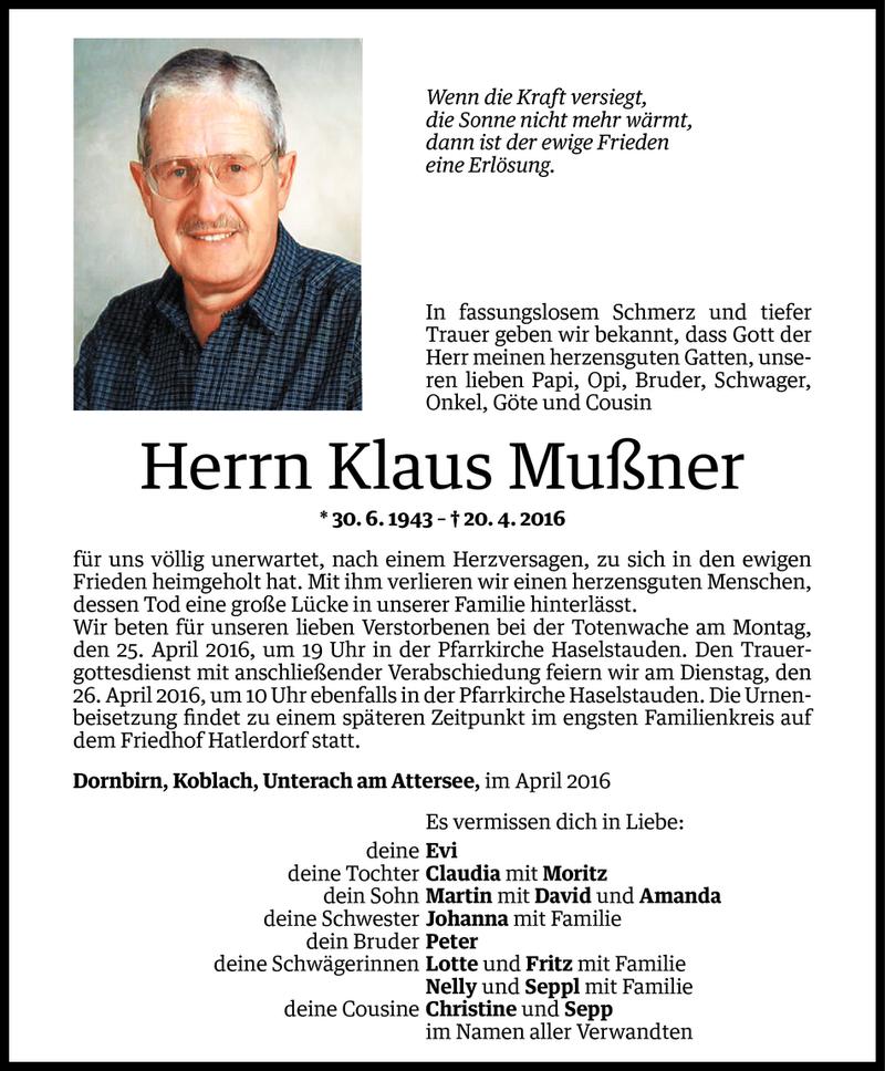  Todesanzeige für Klaus Mußner vom 22.04.2016 aus Vorarlberger Nachrichten