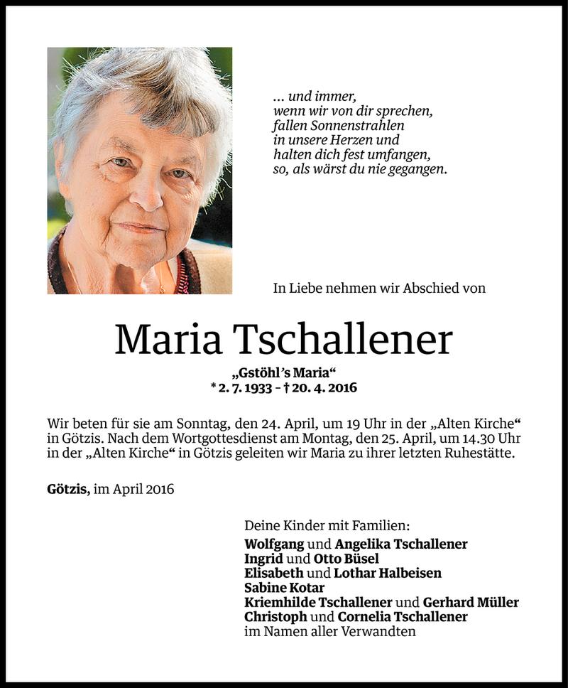  Todesanzeige für Maria Tschallener vom 22.04.2016 aus Vorarlberger Nachrichten