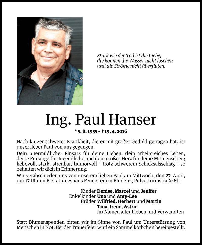  Todesanzeige für Paul Hanser vom 22.04.2016 aus Vorarlberger Nachrichten