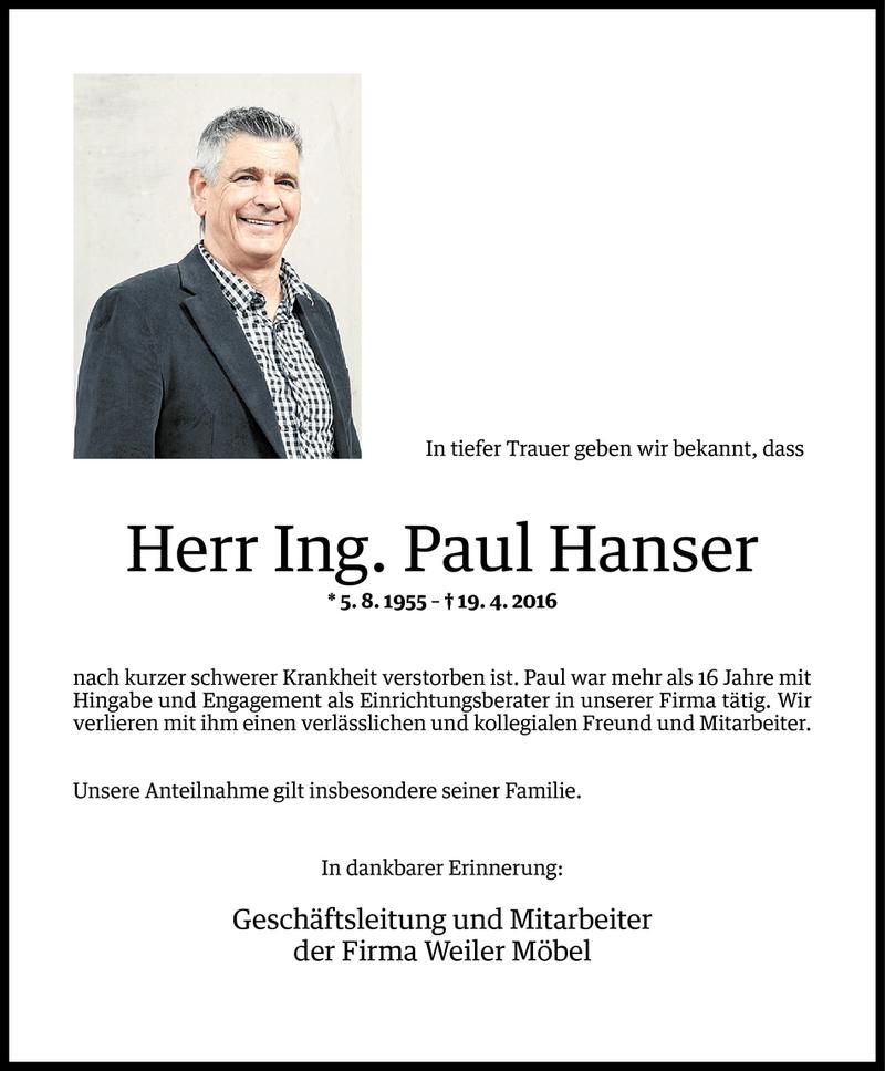  Todesanzeige für Paul Hanser vom 22.04.2016 aus Vorarlberger Nachrichten