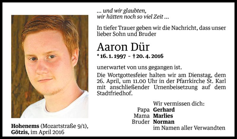  Todesanzeige für Aaron Dür vom 23.04.2016 aus Vorarlberger Nachrichten