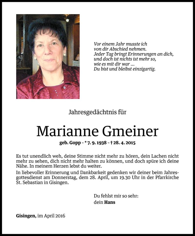  Todesanzeige für Marianne Gmeiner vom 28.04.2016 aus Vorarlberger Nachrichten
