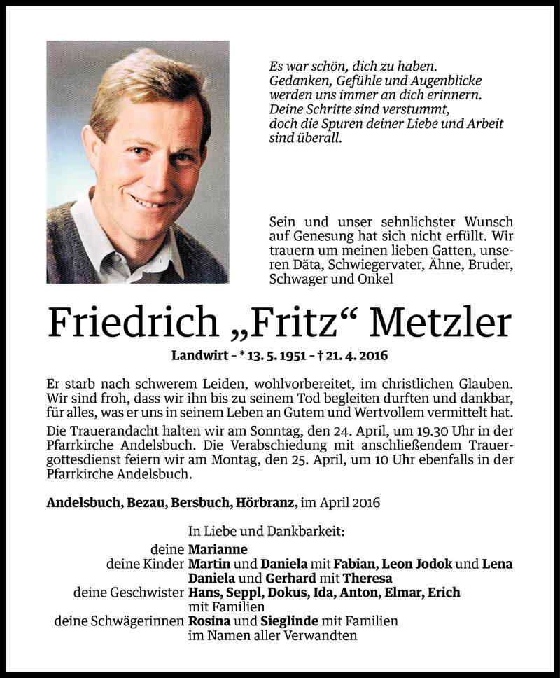  Todesanzeige für Friedrich Metzler vom 22.04.2016 aus Vorarlberger Nachrichten