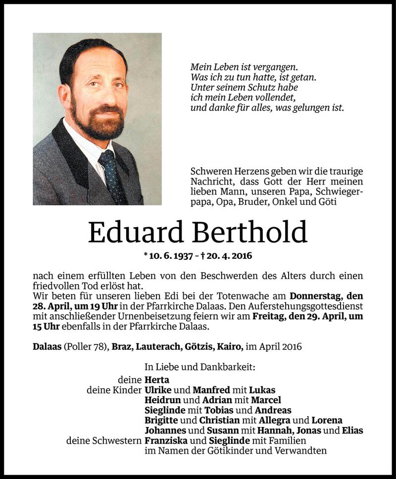  Todesanzeige für Eduard Berthold vom 25.04.2016 aus Vorarlberger Nachrichten