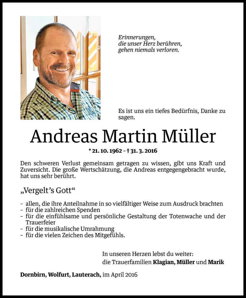  Todesanzeige für Andreas Martin Müller vom 22.04.2016 aus Vorarlberger Nachrichten