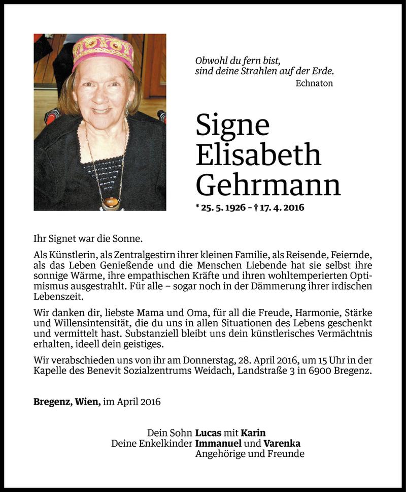  Todesanzeige für Signe Elisabeth Gehrmann vom 22.04.2016 aus Vorarlberger Nachrichten