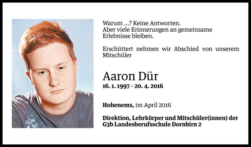  Todesanzeige für Aaron Dür vom 22.04.2016 aus Vorarlberger Nachrichten