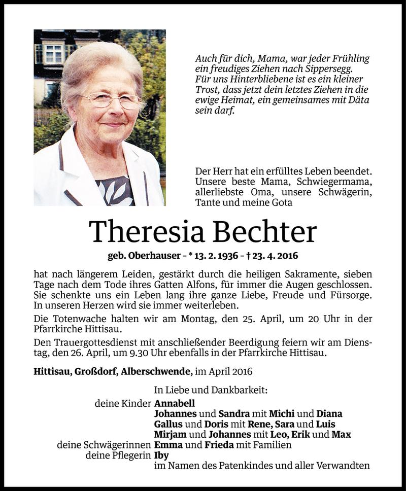  Todesanzeige für Theresia Bechter vom 24.04.2016 aus Vorarlberger Nachrichten