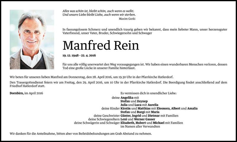  Todesanzeige für Manfred Rein vom 24.04.2016 aus Vorarlberger Nachrichten