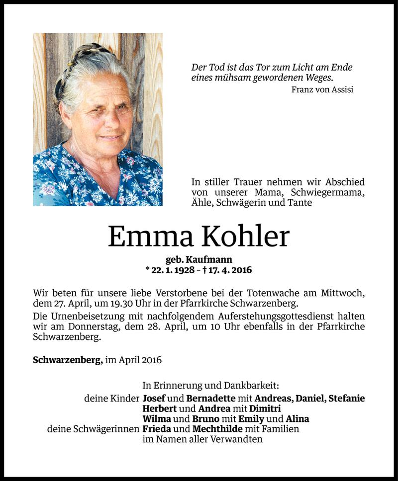  Todesanzeige für Emma Kohler vom 24.04.2016 aus Vorarlberger Nachrichten