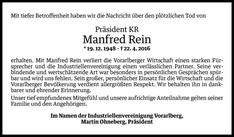  Todesanzeige für Manfred Rein vom 24.04.2016 aus Vorarlberger Nachrichten