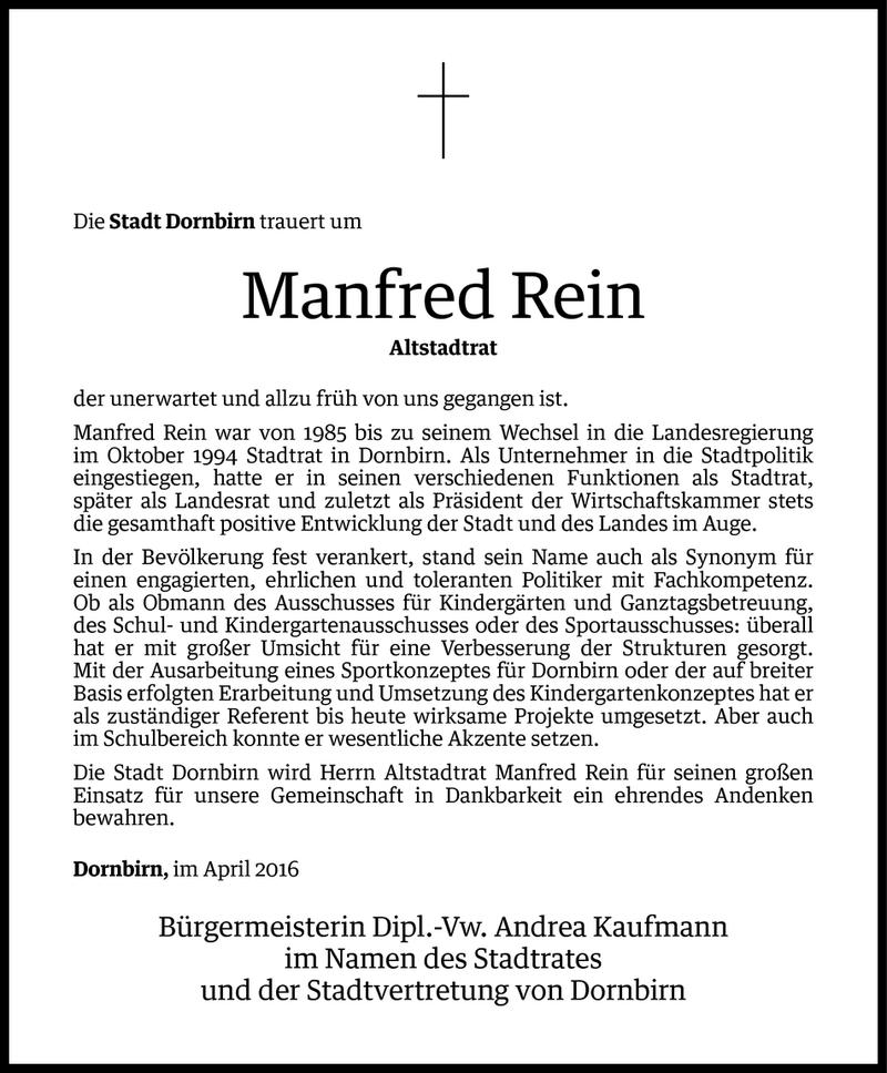  Todesanzeige für Manfred Rein vom 24.04.2016 aus Vorarlberger Nachrichten