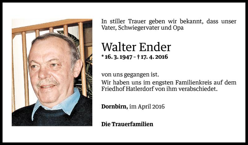  Todesanzeige für Walter Endee vom 26.04.2016 aus Vorarlberger Nachrichten