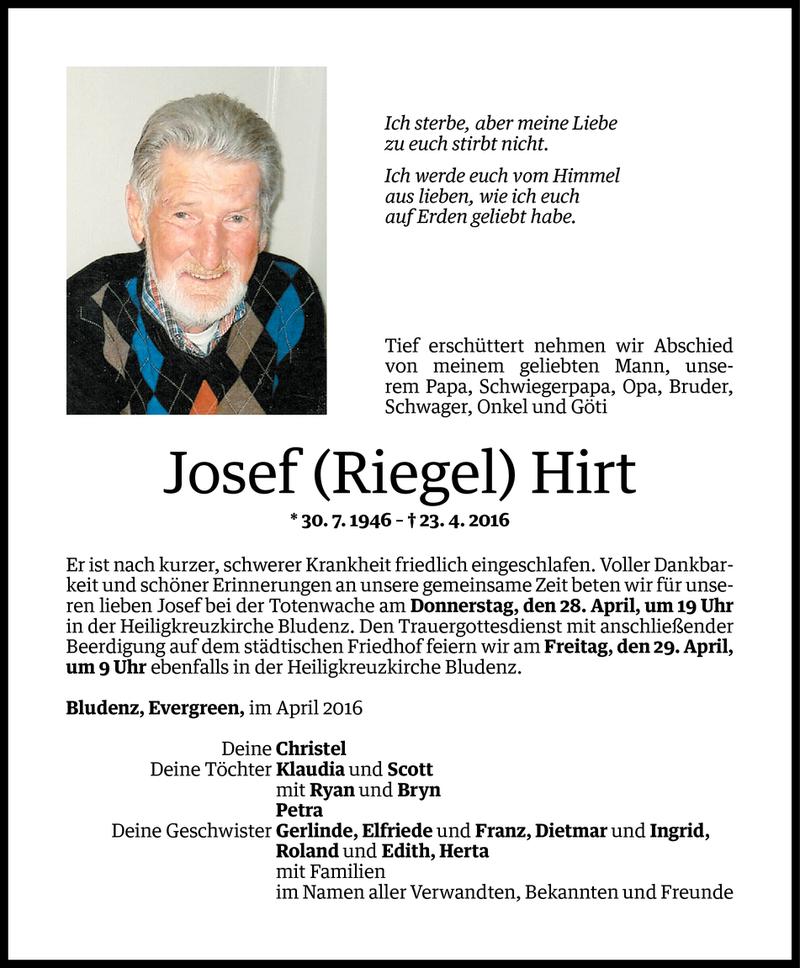  Todesanzeige für Josef Hirt vom 27.04.2016 aus Vorarlberger Nachrichten