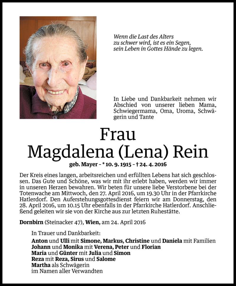  Todesanzeige für Magdalena Rein vom 25.04.2016 aus Vorarlberger Nachrichten
