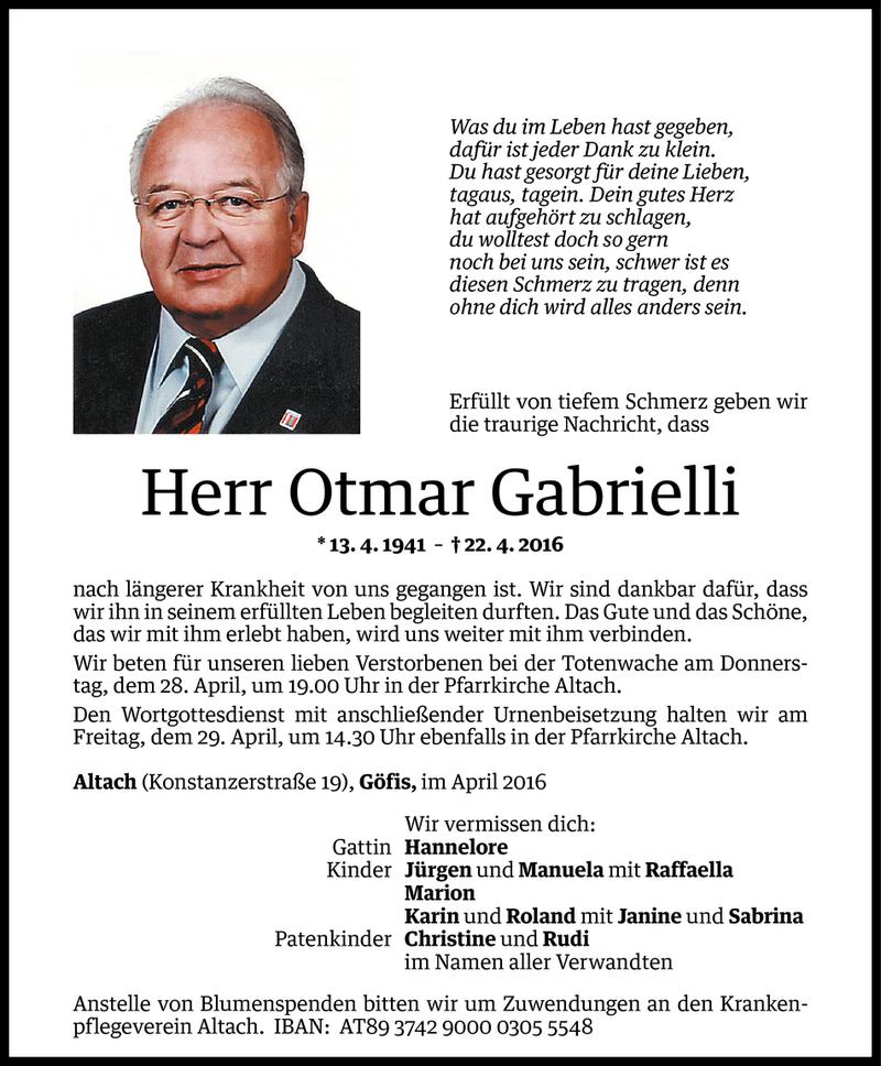  Todesanzeige für Otmar Gabrielli vom 26.04.2016 aus Vorarlberger Nachrichten