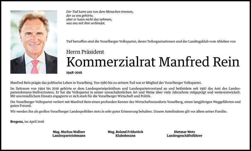  Todesanzeige für Manfred Rein vom 25.04.2016 aus Vorarlberger Nachrichten