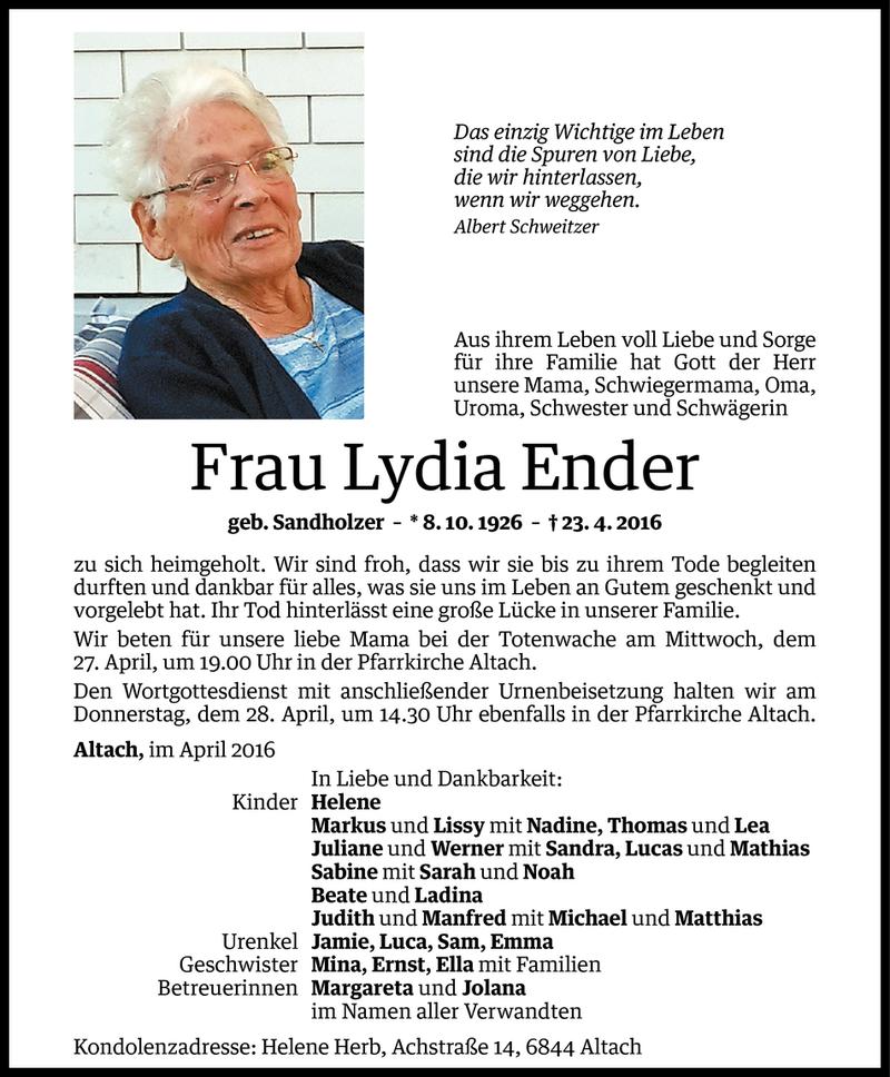  Todesanzeige für Lydia Ender vom 26.04.2016 aus Vorarlberger Nachrichten