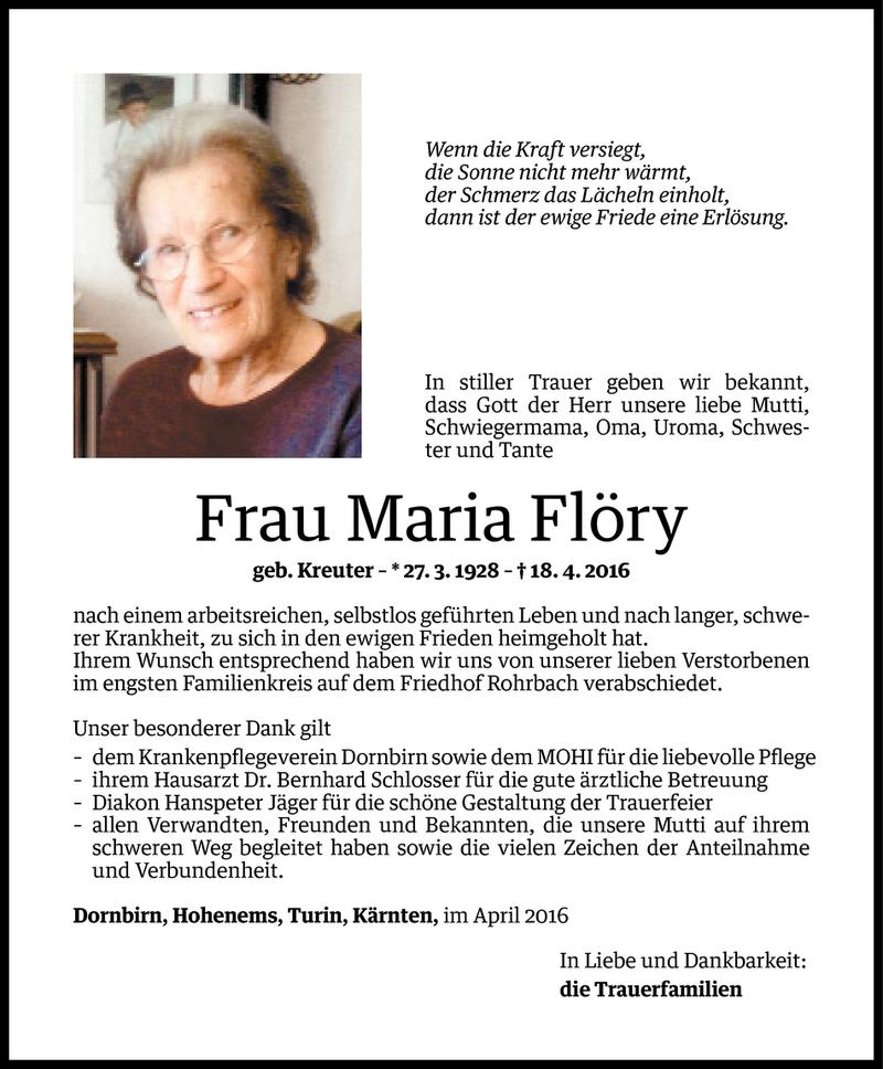  Todesanzeige für Maria Flöry vom 25.04.2016 aus Vorarlberger Nachrichten