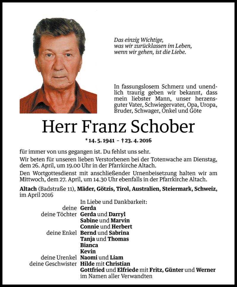  Todesanzeige für Franz Schober vom 26.04.2016 aus Vorarlberger Nachrichten