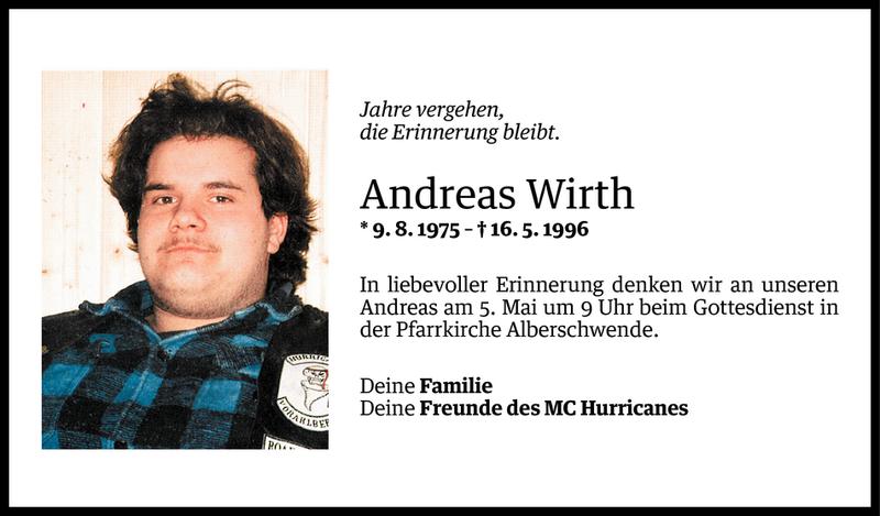  Todesanzeige für Andreas Wirth vom 01.05.2016 aus Vorarlberger Nachrichten