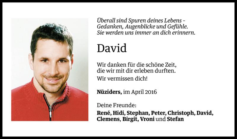  Todesanzeige für David Graß vom 29.04.2016 aus Vorarlberger Nachrichten