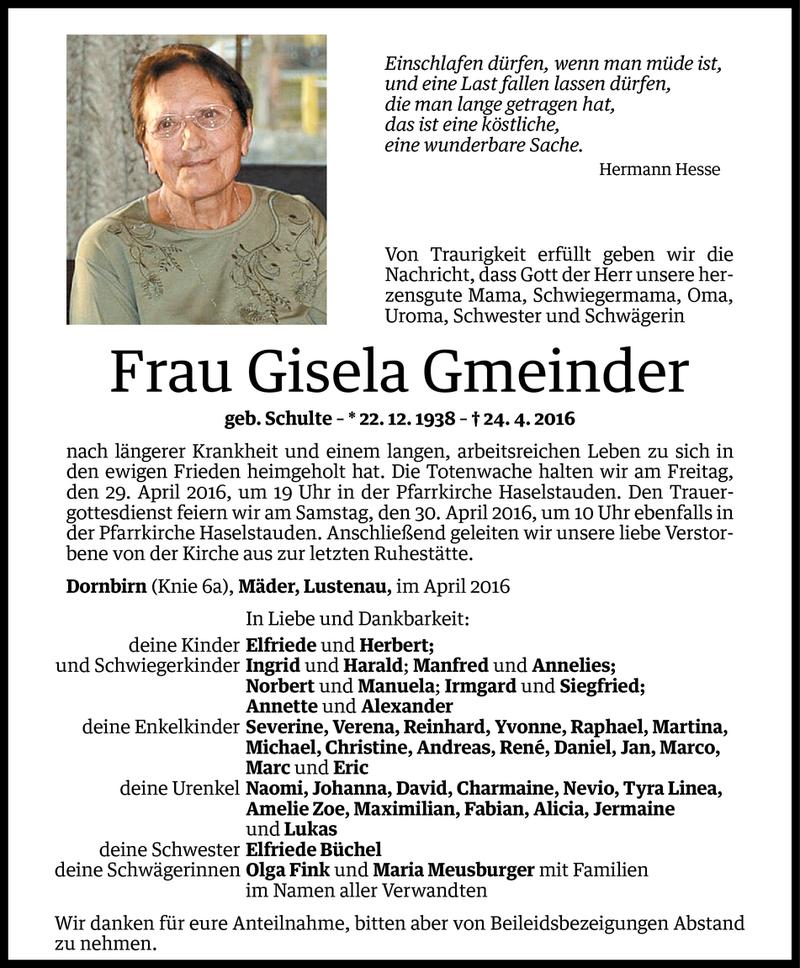  Todesanzeige für Gisela Gmeinder vom 26.04.2016 aus Vorarlberger Nachrichten