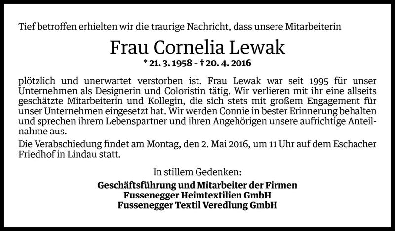  Todesanzeige für Cornelia Lewak vom 26.04.2016 aus Vorarlberger Nachrichten