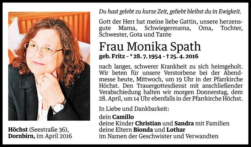  Todesanzeige für Monika Spath vom 26.04.2016 aus Vorarlberger Nachrichten